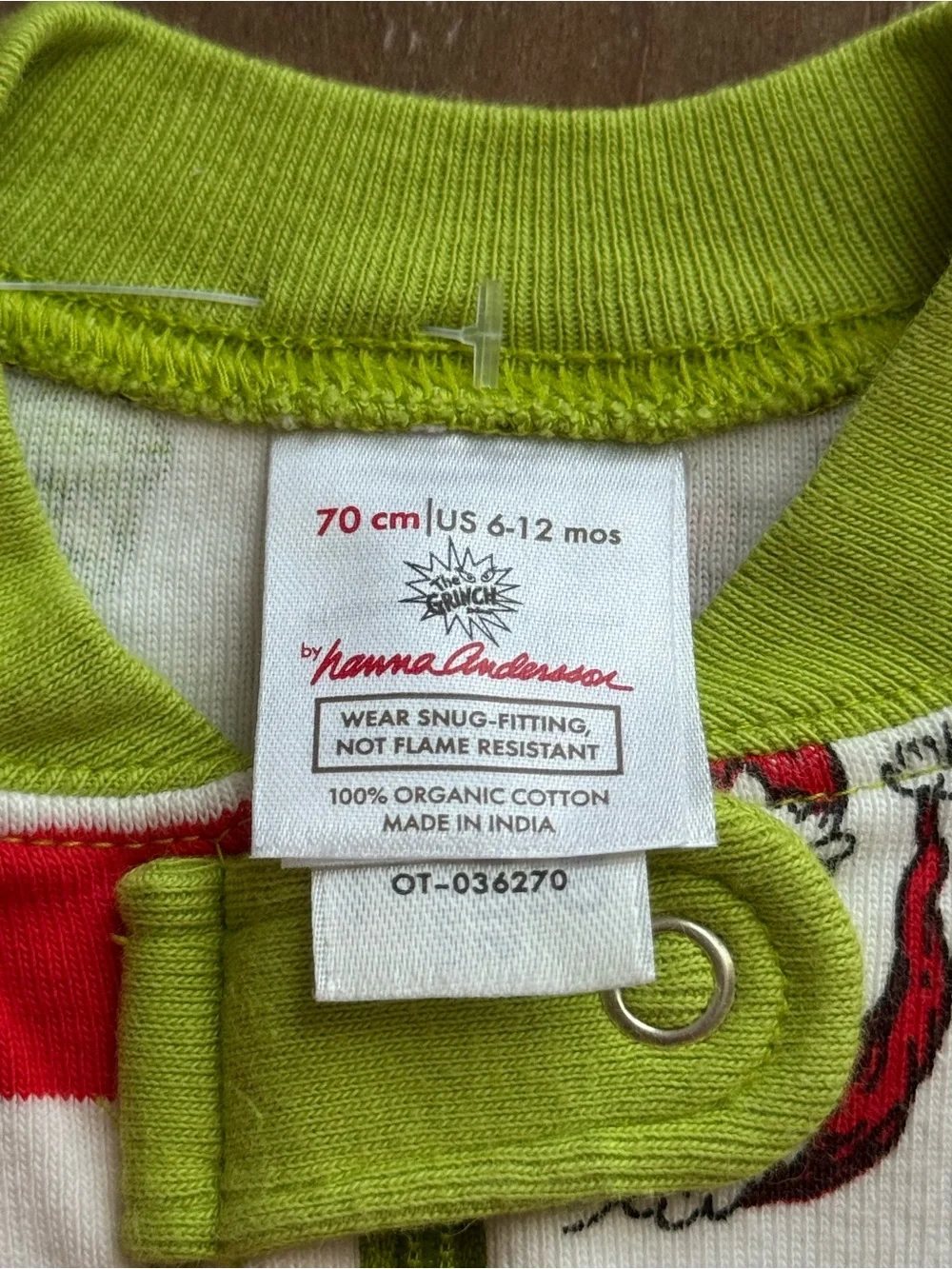 Hanna Andersson Red & White Stripe Grinch Print Footie with Green Trim